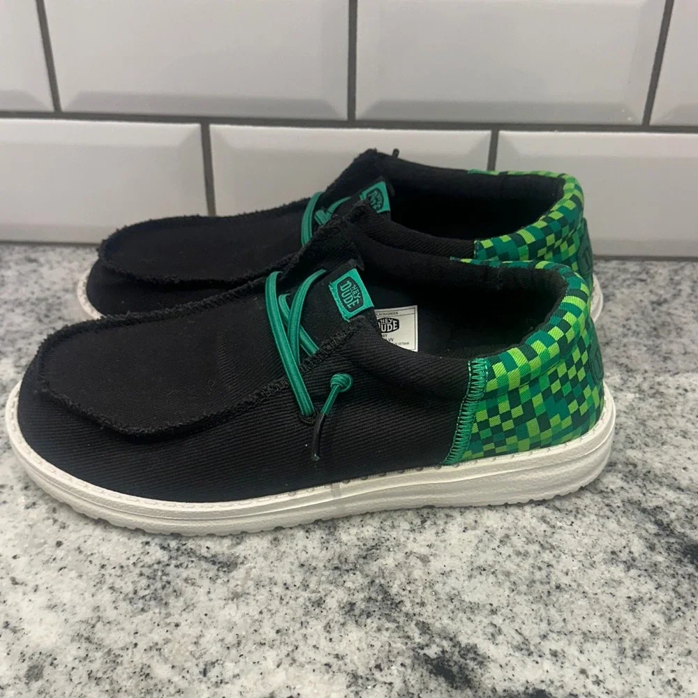 Hey Dude Kids J5 Wally Funky Gaming Black Green Checkered Slip On Loafers